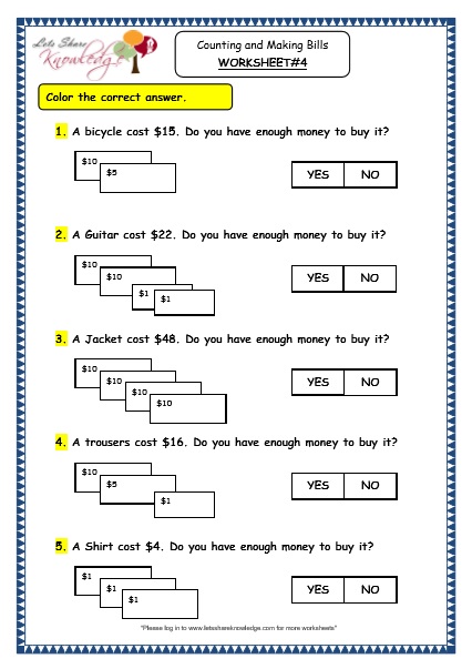 Grade 3 Maths Worksheets: (10.4 Counting and Making Bills)