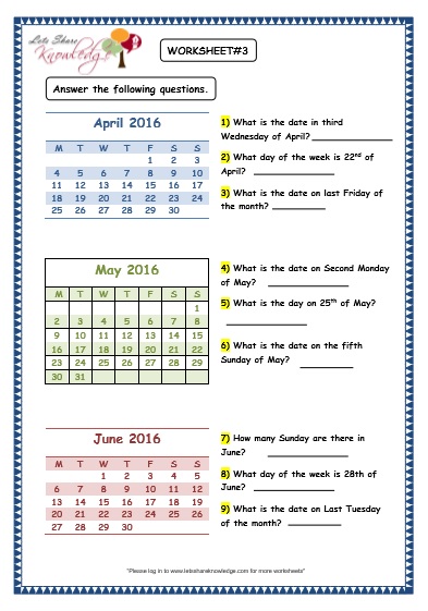  Dates and Days on Calendar Worksheets