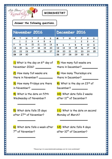  Dates and Days on Calendar Worksheet