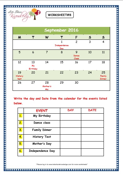 Grade 3 Maths Worksheets: (9.2 Dates and Days on Calendar)