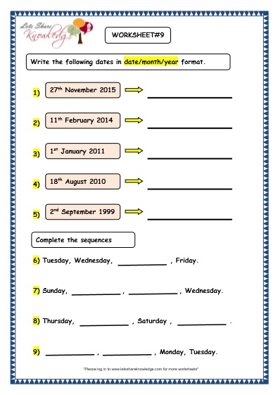  Dates and Days on Calendar Worksheet