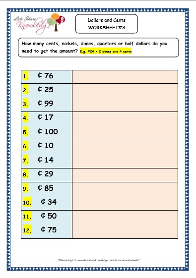  Dollars and Cents Worksheets
