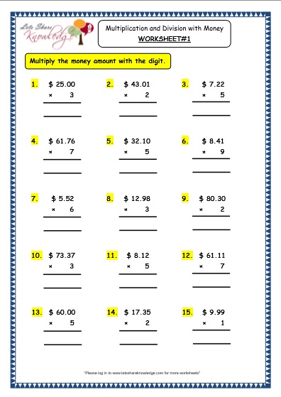 Multiply Decimals With Money Notation K5 Learning Multiplying Money 