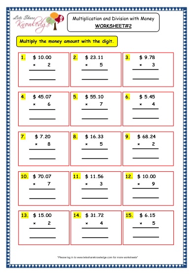 Grade 3 Maths Worksheets: (10.3 Multiplication and Division with Money)