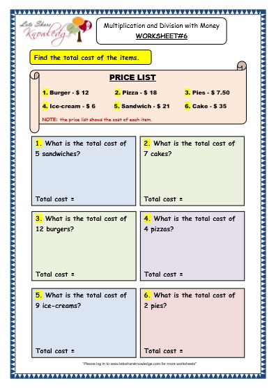 Grade 3 Maths Worksheets 10 3 Multiplication and Division With Money Lets Share Knowledge