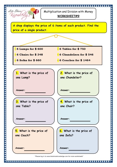  Multiplication and Division with Money Worksheet
