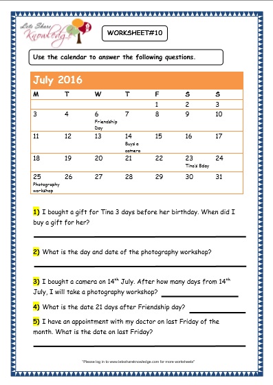 Problem Solving with Calendars Worksheet