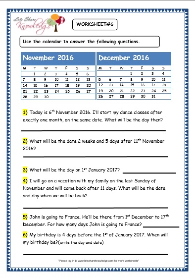  Problem Solving with Calendars Worksheet