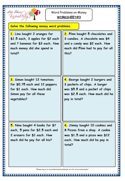  Word Problems on Money Worksheets
