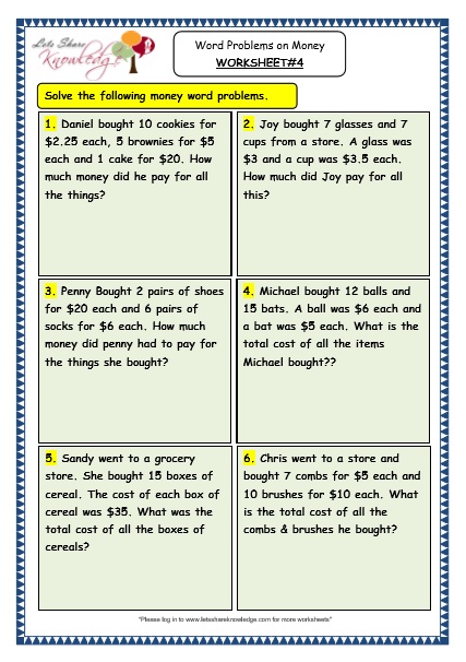  Word Problems on Money Worksheet 