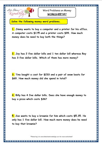 Grade 3 Maths Worksheets: (10.5 Word Problems on Money)
