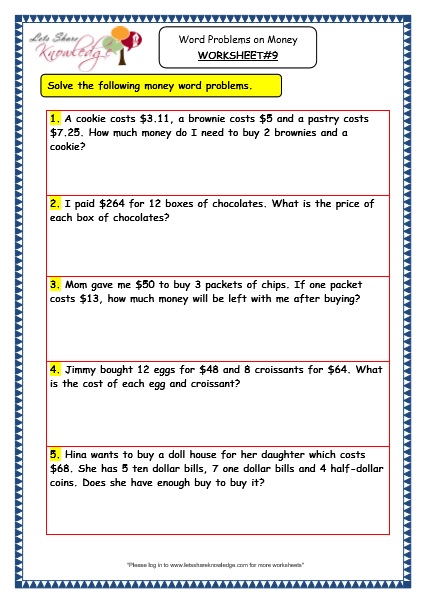  Word Problems on Money Worksheet