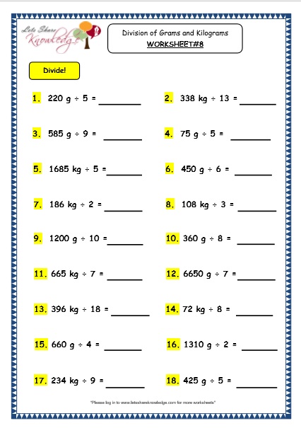Grade 3 Maths Worksheets: (12.6 Division of Grams and Kilograms)