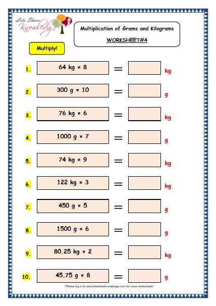  Multiplication of Grams and Kilograms Worksheet 