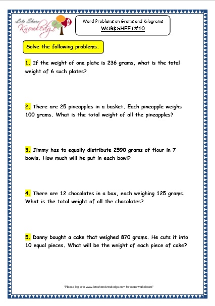 Grade 3 Maths Worksheets: (12.7 Word Problems on Multiplication and Division of Grams and Kilograms)