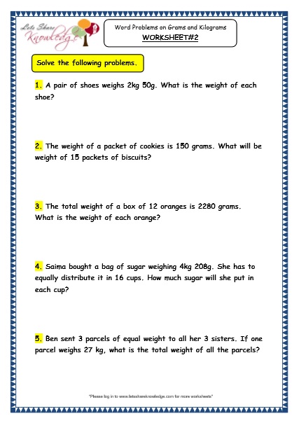 Word Problems on Multiplication and Division of Grams and Kilograms Worksheet 