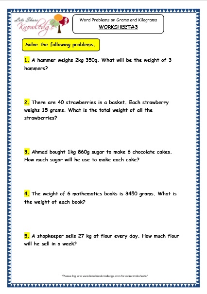  Word Problems on Multiplication and Division of Grams and Kilograms Worksheets