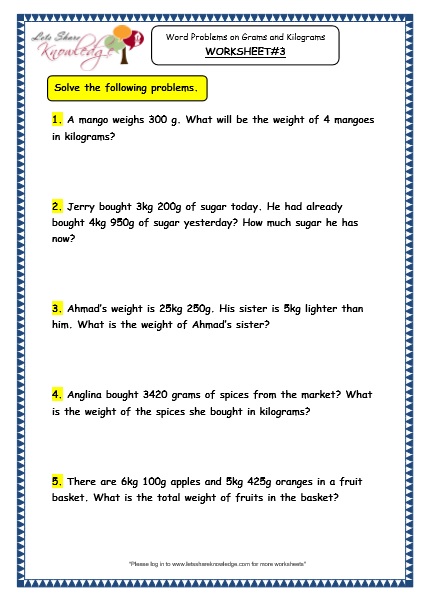  Word Problems on Grams and Kilograms Worksheets