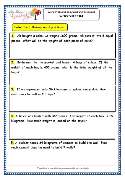 Word Problems on Multiplication and Division of Grams and Kilograms Worksheet 