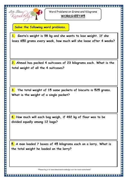  Word Problems on Multiplication and Division of Grams and Kilograms Worksheet
