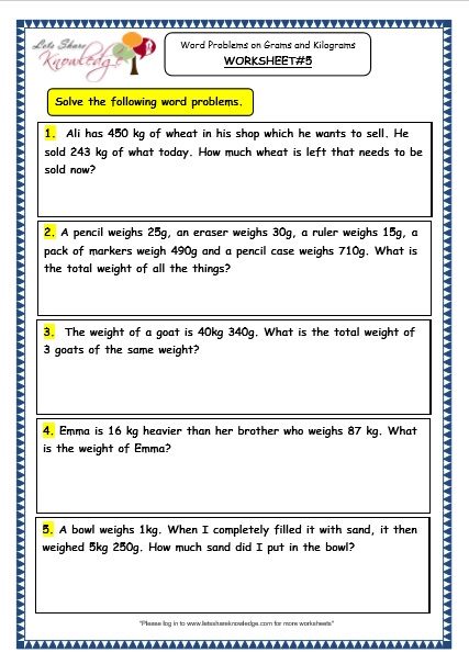 Grade 3 Maths Worksheets: (12.7 Word Problems on Grams and Kilograms)