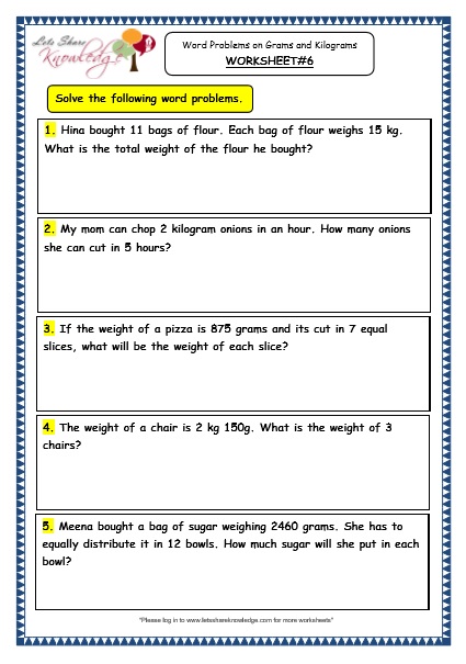  Word Problems on Multiplication and Division of Grams and Kilograms Worksheet
