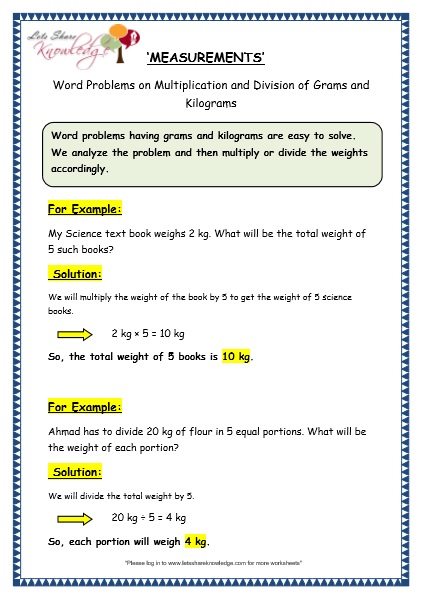  Word Problems on Multiplication and Division of Grams and Kilograms
