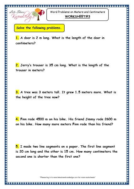  Word Problems on Meters and Centimeters Worksheets