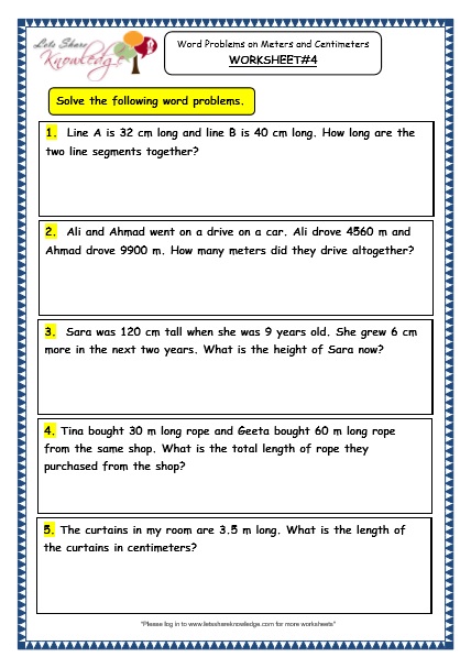  Word Problems on Meters and Centimeters Worksheet 