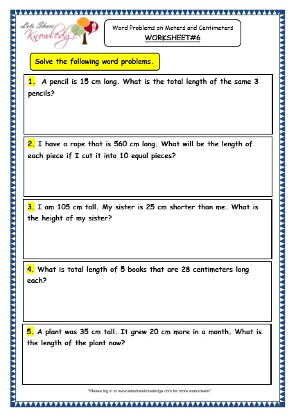 Grade 3 Maths Worksheets: (11.9 Word Problems on Meters and Centimeters)