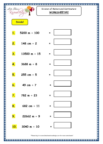  Division of Meters and Centimeters Worksheet 