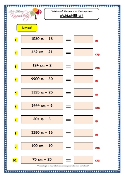  Division of Meters and Centimeters Worksheet 