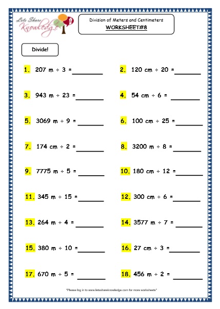 Grade 3 Maths Worksheets: (11.8 Division of Meters and Centimeters)