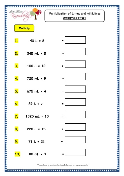  Measurement of Capacity - Multiplication of Litres and Millilitres Worksheet