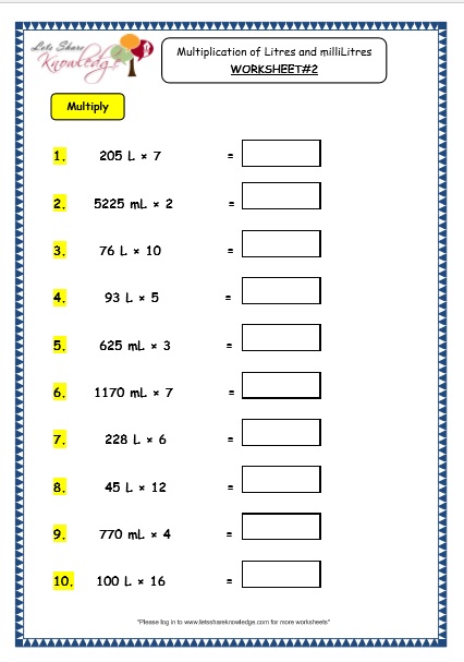 grade 3 maths worksheets 13 5 measurement of capacity multiplication of litres and millilitres lets share knowledge
