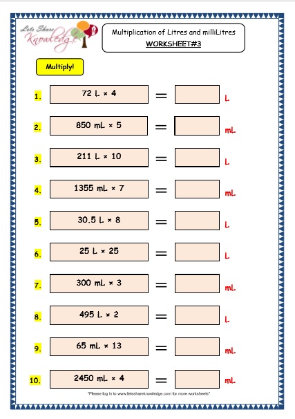 grade 3 maths worksheets 135 measurement of capacity multiplication