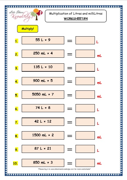  Measurement of Capacity - Multiplication of Litres and Millilitres Worksheet 