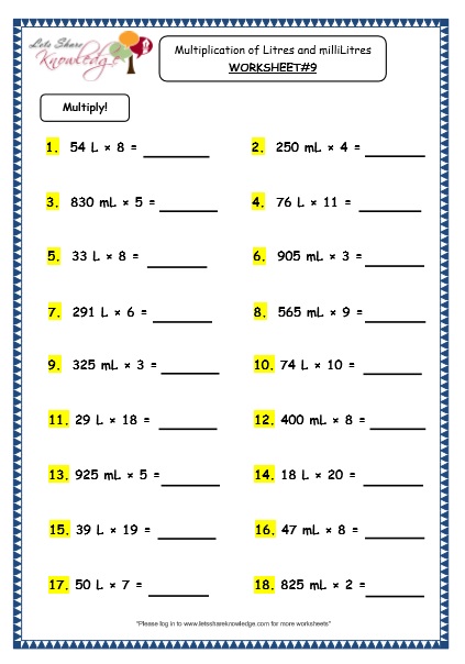 Grade 3 Maths Worksheets: (13.5 Measurement of Capacity: Multiplication of Litres and Millilitres)