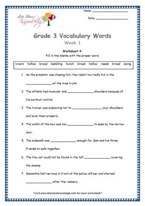 Grade 3: Vocabulary Worksheets Week 1