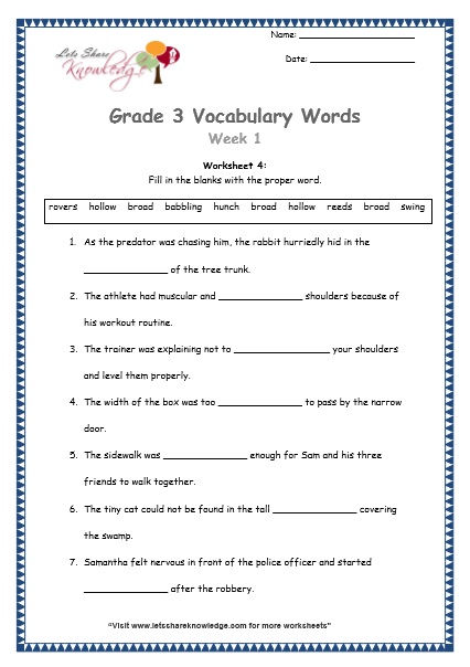 grade 3 vocabulary words and worksheets lets share knowledge