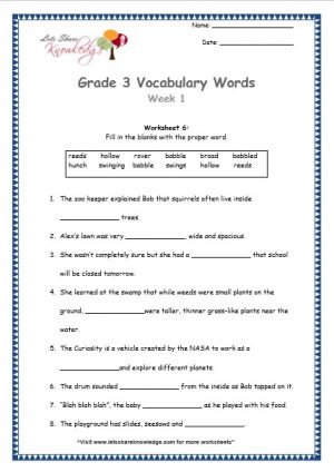 Grade 3: Vocabulary Worksheets Week 1