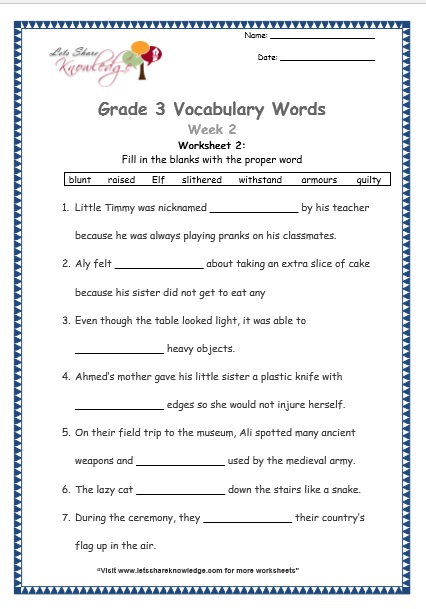 grade 3 vocabulary worksheets Week 2 worksheet 2
