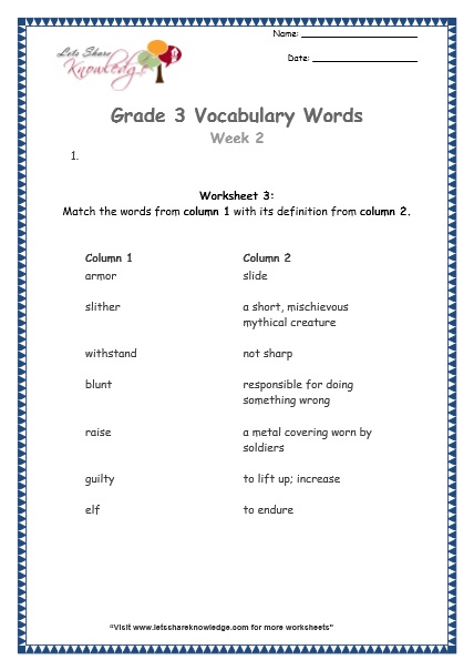 Grade 3: Vocabulary Worksheets Week 2