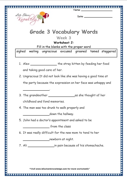 grade 3 vocabulary worksheets Week 3 worksheet 2