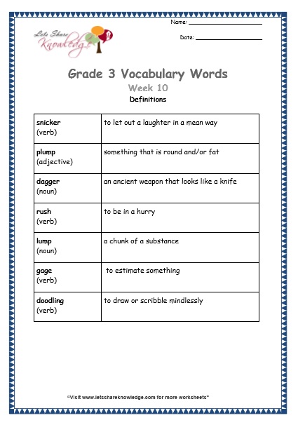 grade 3 vocabulary worksheets Week 10 definitions