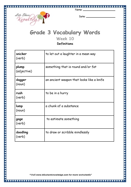 Grade 3: Vocabulary Worksheets Week 10 – Lets Share Knowledge