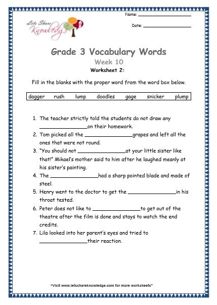 grade 3 vocabulary worksheets Week 10 worksheet 1