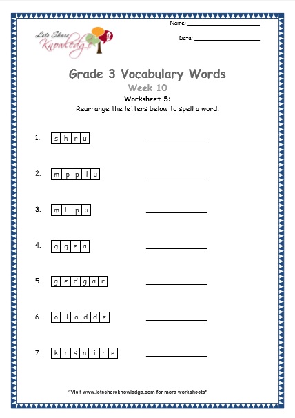  grade 3 vocabulary worksheets Week 10 worksheet 5