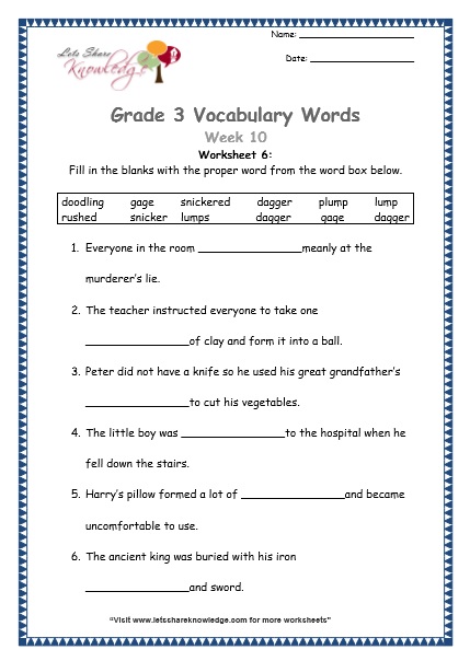  grade 3 vocabulary worksheets Week 10 worksheet 6