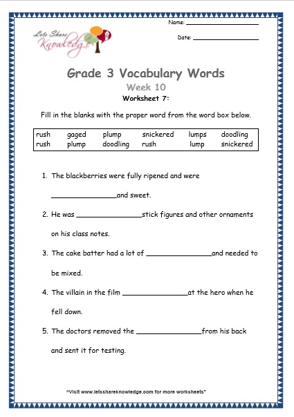  grade 3 vocabulary worksheets Week 10 worksheet 7